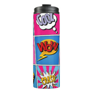 Comic-Sprechblasen-Set. Ausdrücke Bom, Cool, Pow,  Thermosbecher