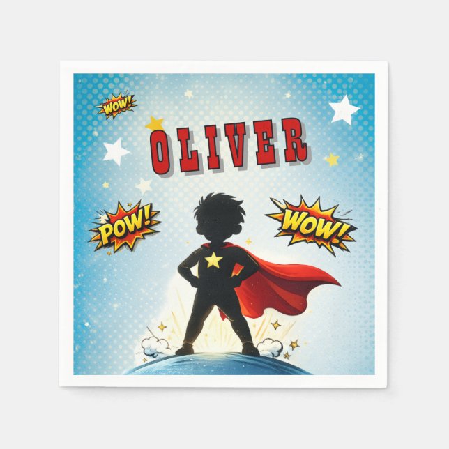 Comic-Stil-Superhelden-Jungen-Name Geburtstag Serviette (Vorderseite)