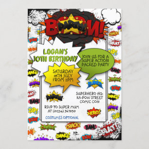 Comic Style Action Words Invitations de parties