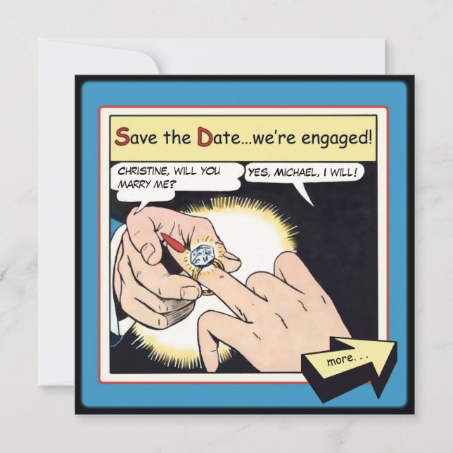 Comic Style Bling Ring Save the Date blau (Vorderseite)
