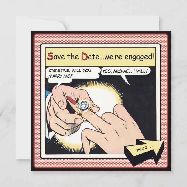 Comic Style Bling Ring Save the Date Rot (Vorderseite)