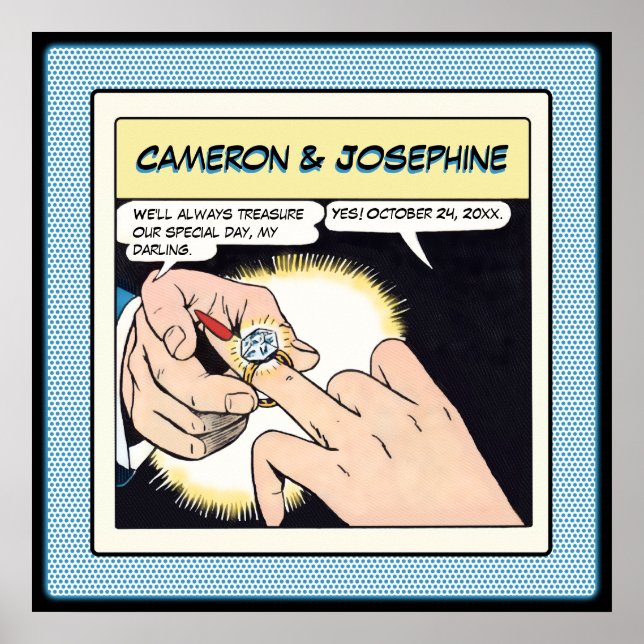 Comic Style Bling Ring Wedding Blue Dots Poster (Vorne)