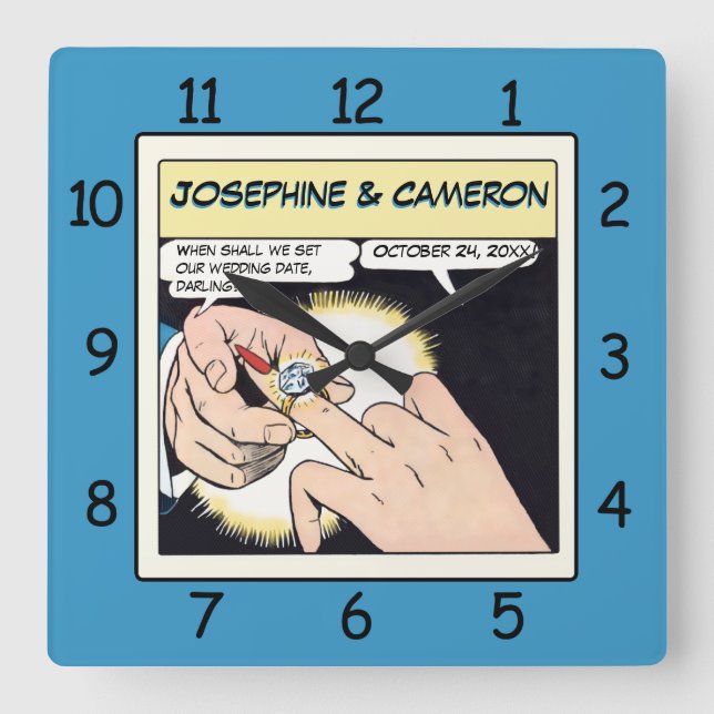 Comic Style Bling Ring Wedelzange Blau Quadratische Wanduhr (Vorderseite)