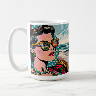 Comic-Style-Kunst Frau beobachtet Hula-Tänzerin Kaffeetasse