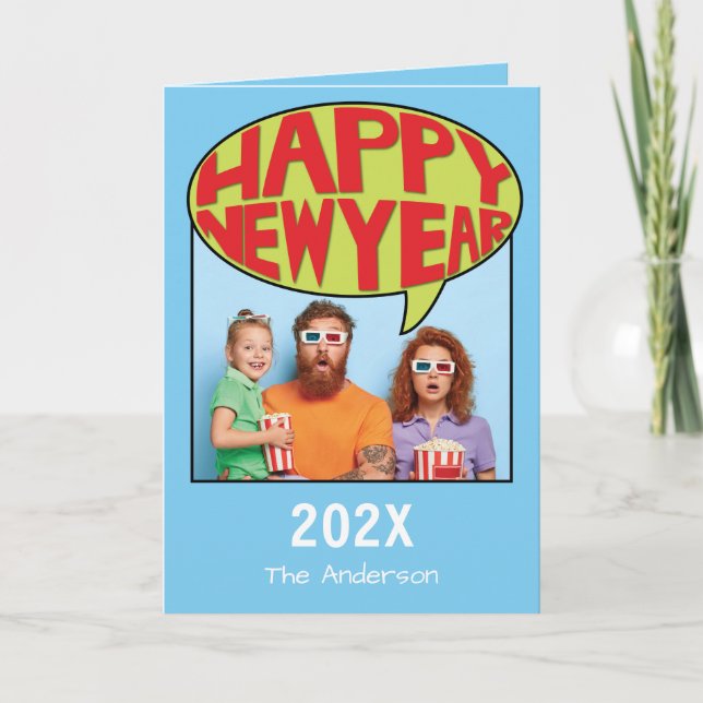 Comic Style Personalisiertes Foto Happy New Year C Dankeskarte (Vorderseite)