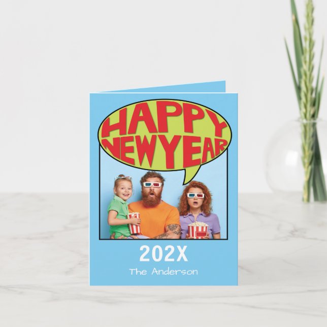 Comic Style Personalisiertes Foto Happy New Year C Dankeskarte (Vorderseite)