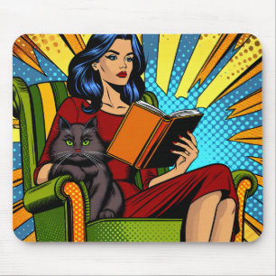 Comic Style Pop Art Frau liest und Katze Mousepad