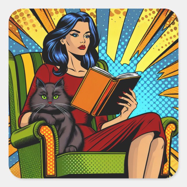 Comic Style Pop Art Reading und Katze Quadratischer Aufkleber (Vorderseite)