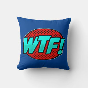 Comic Style Pop Art Retro Blue Aqua Red WTF Thread Kissen