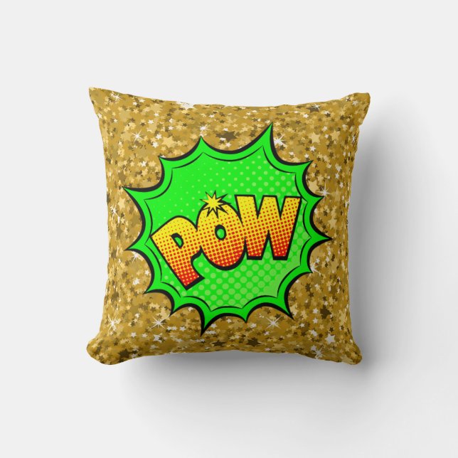 Comic Style Pop Art Retro Gelb Gelb Gold POW Kissen (Vorderseite)