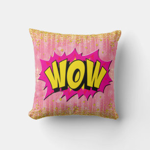Comic Style Pop Art Retro Gelb Rosa Gold WOW  Kissen