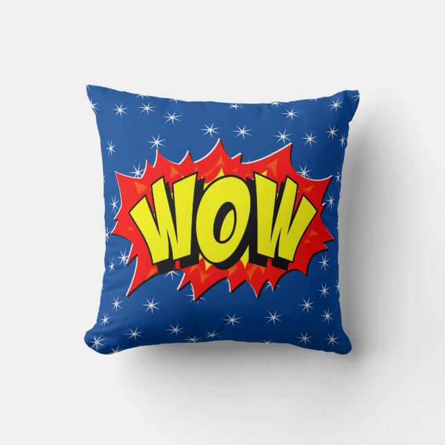 Comic Style Pop Art Retro Gelb Rot Blau WOW Kissen (Vorderseite)