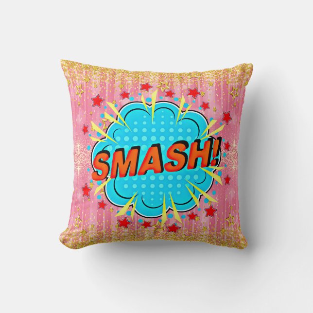 Comic Style Pop Art Retro Rosa Aqua Orange SMASH Kissen (Vorderseite)