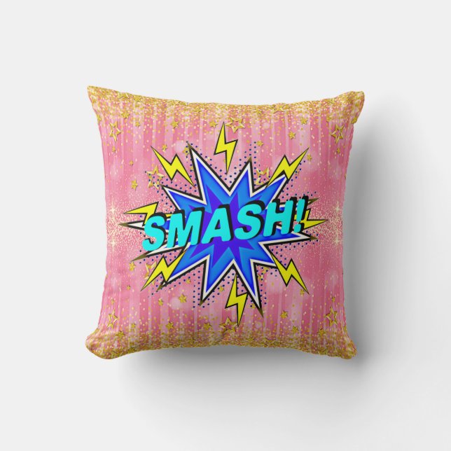 Comic Style Pop Art Retro Rosa Gelb Blau SMASH Kissen (Vorderseite)