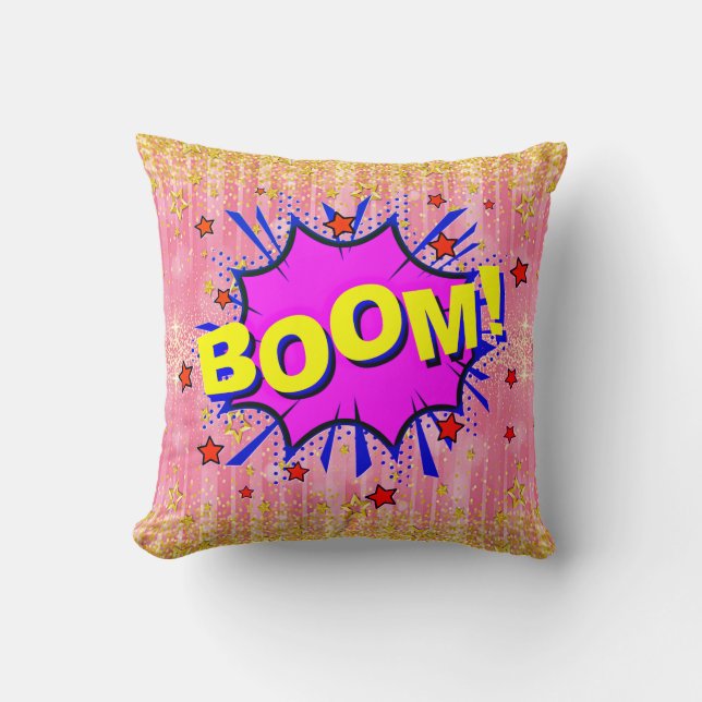 Comic Style Pop Art Retro Rosa Gelb Lila BOOM Kissen (Vorderseite)