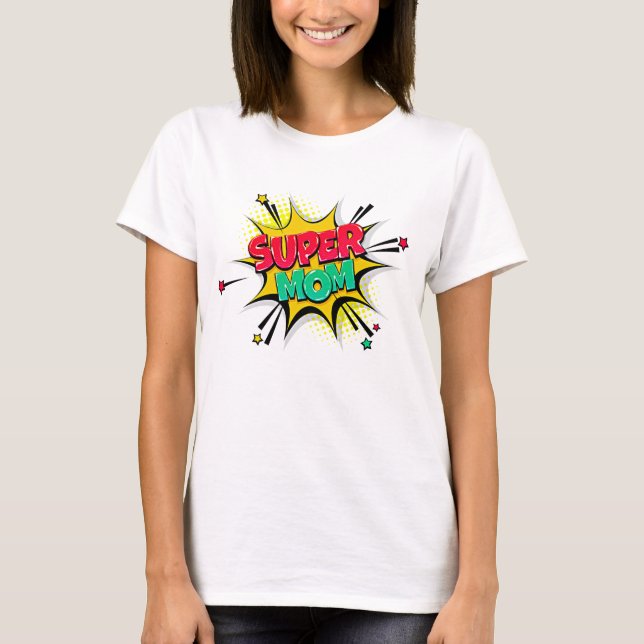 Comic Style Pop Art Retro Rotes Gelbes SUPERMOM T-Shirt (Vorderseite)