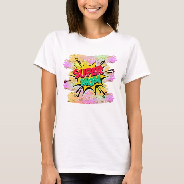 Comic Style Pop Art Retro Rotes Gelbes SUPERMOM T-Shirt (Vorderseite)