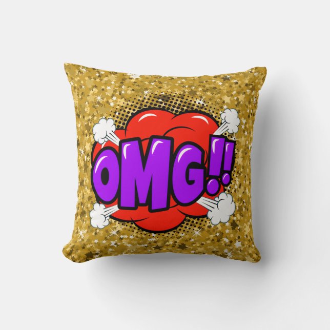 Comic Style Pop Art Retro Rotes Lila Gold OMG Kissen (Vorderseite)