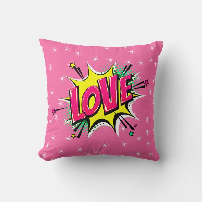Comic Style Pop Art Retro Stars Gelb Rosa LIEBE Kissen (Vorderseite)