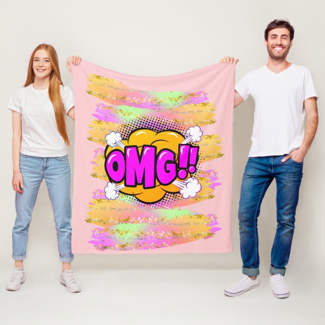 Comic Style Pop Retro Yellow Lila OMG Rainbow Fl Fleecedecke (Beispiel)