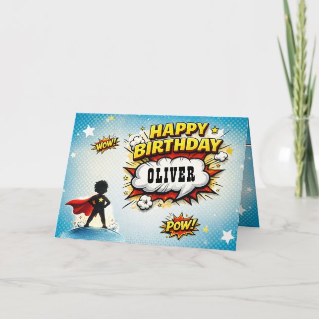 Comic Style Superhero Boy's Name Birthday Karte (Vorderseite)