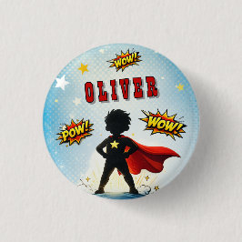 Comic Style Superhero Boy's Name Birthday Party Button