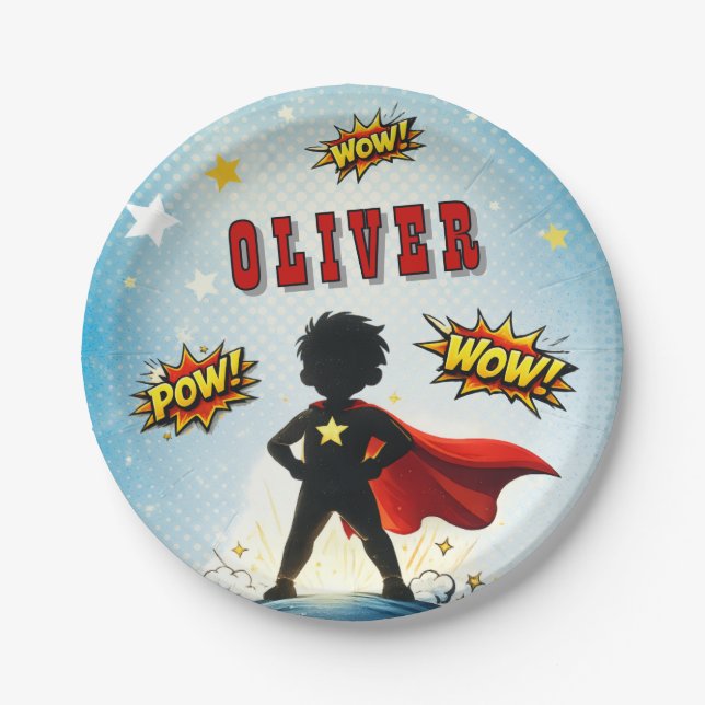 Comic Style Superhero Boy's Name Birthday Party Pappteller (Vorderseite)