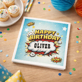 Comic Style Superhero Boy's Name Birthday Party Serviette