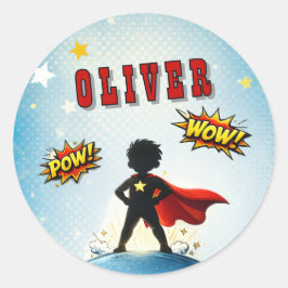 Comic Style Superhero Boy's Name Birthday Runder Aufkleber