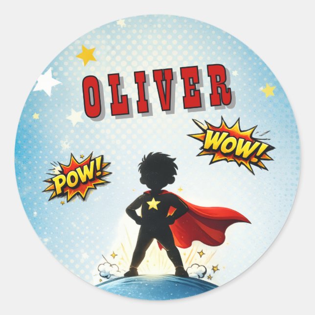 Comic Style Superhero Boy's Name Birthday Runder Aufkleber (Vorderseite)