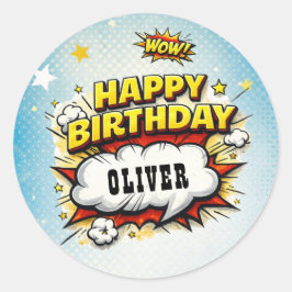 Comic Style Superhero Boy's Name Birthday Runder Aufkleber