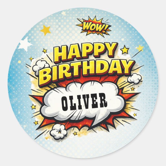 Comic Style Superhero Boy's Name Birthday  Runder Aufkleber (Vorderseite)