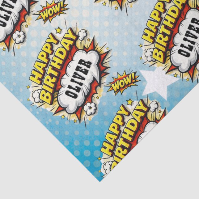 Comic Style Superhero Boy's Name Birthday  Seidenpapier (Detail)
