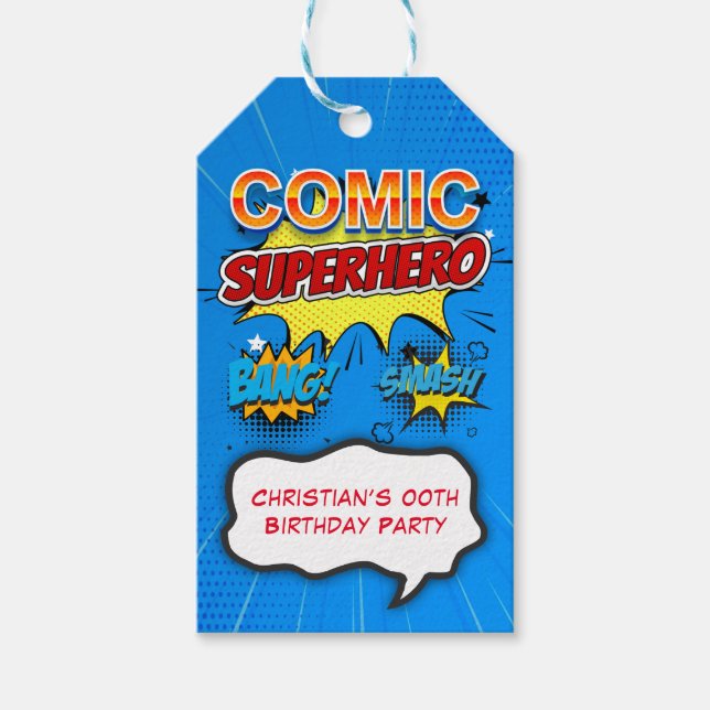Comic Superhero 00. Geburtstagsparty Danke Geschenkanhänger (Vorderseite)