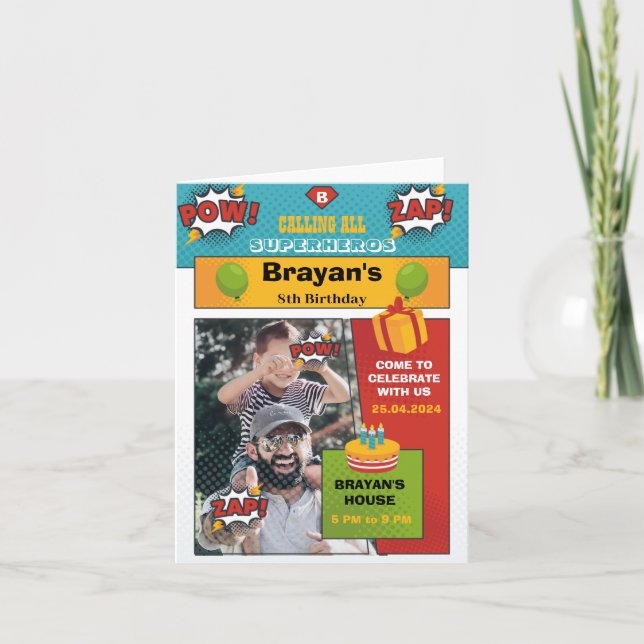 Comic Superhero Einladung zum Geburtstag mit Foto (Vorderseite)