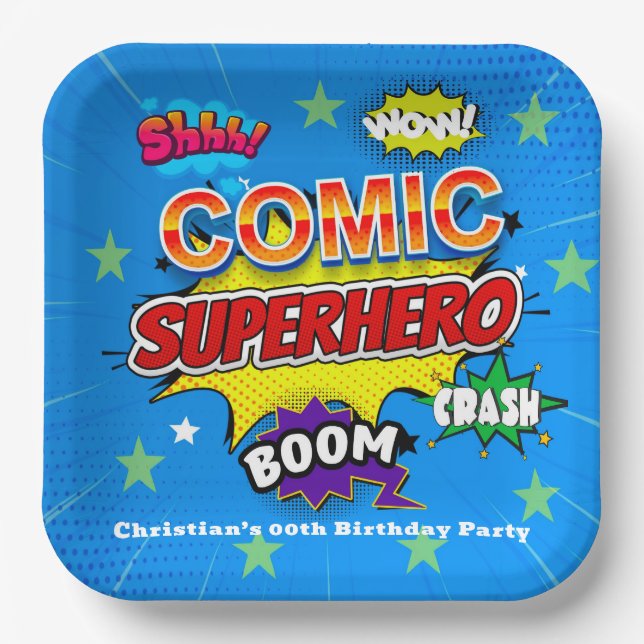 Comic Superhero Strip 00. Geburtstagsparty Pappteller (Vorderseite)