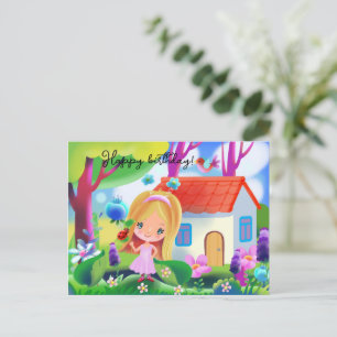 Comic süßes Mädchen und Feenhaus Postkarte