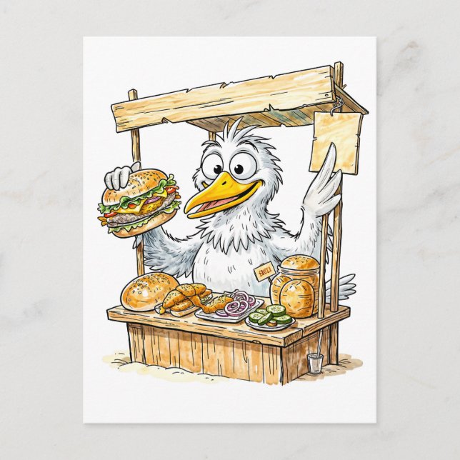 Comic-Vogel am Fischstand Postkarte (Vorderseite)
