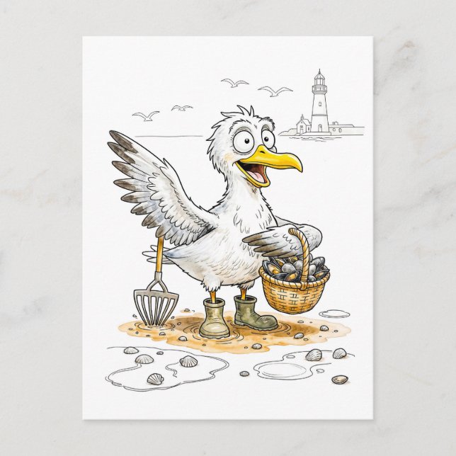 Comic-Vogel sammelt Muscheln Postkarte (Vorderseite)