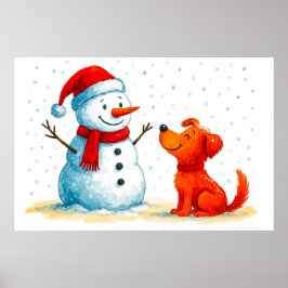 Comic Wasserfarbe Hund mit Schneemann im Winter Poster