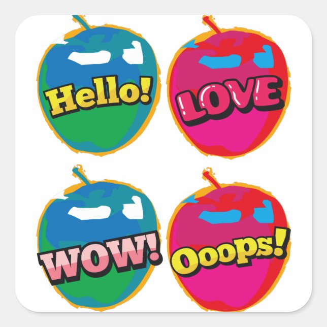 Comic Wow Hallo Liebe Pink Apple Pop Art Quadratischer Aufkleber (Vorderseite)