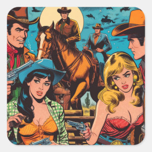 Comicen für Retro-Western Quadratischer Aufkleber