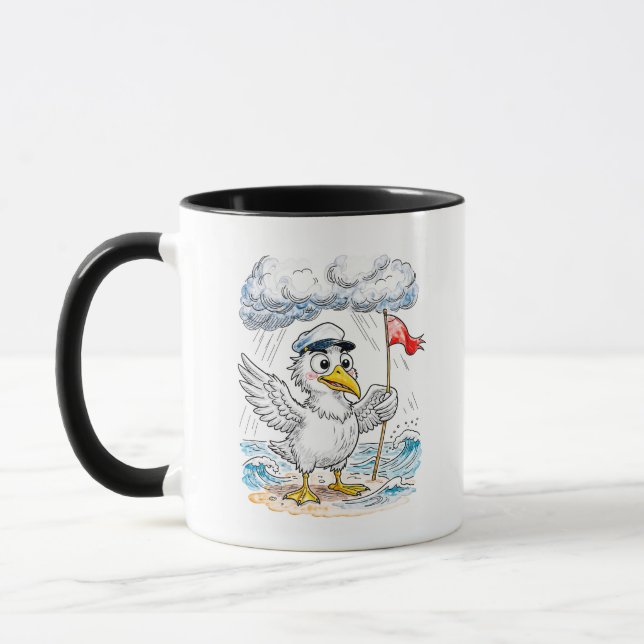 Comics-Vogel-Strand-Wind-Check-Postkarte Tasse (Links)