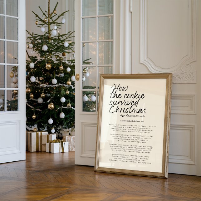 Comment le cookie a survécu à Noël Impression drôl (Against the wall, there is a framed funny Christmas print titled “How the cookie survived Christmas")