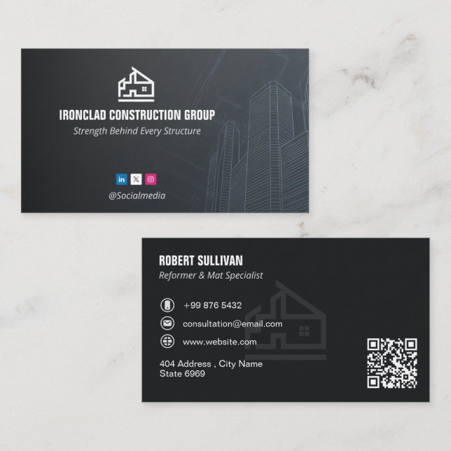 Commercial Building Contractors | Dark Minimalist Visitenkarte (Vorne/Hinten)
