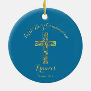 Communion bleu Croix d'or garçons ornement céramiq