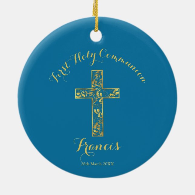 Communion bleu Croix d'or garçons ornement céramiq (Dos)