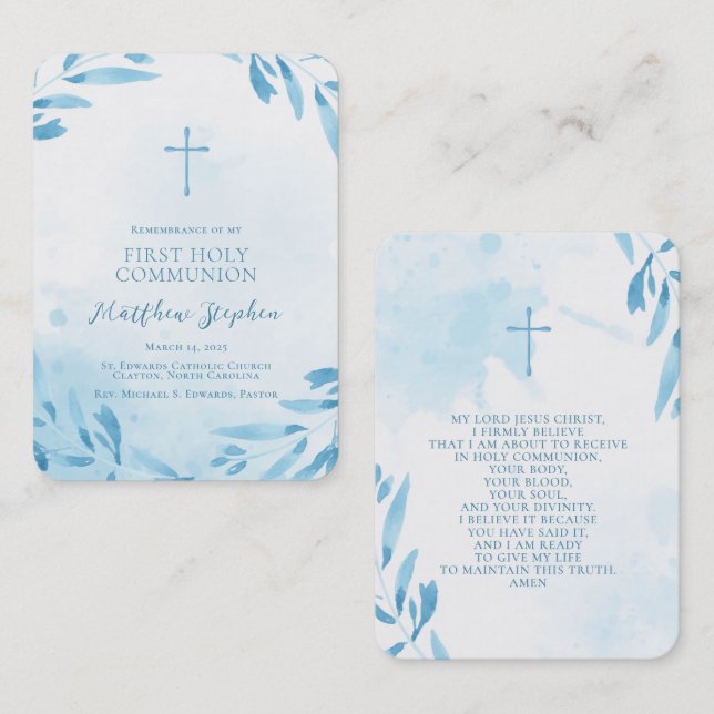 Communion Blue Watercolor Blätter und Cross Visitenkarte (Vorne/Hinten)