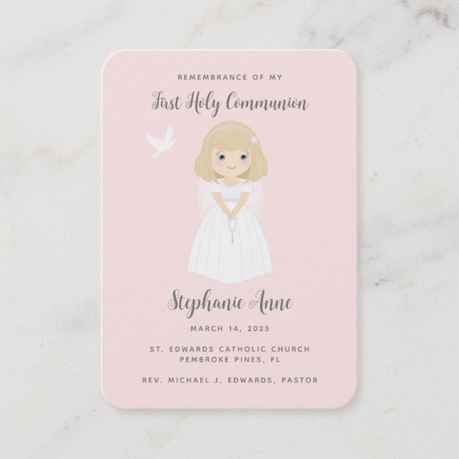 Communion Dove Blonde Girl Gebet Visitenkarte (Vorderseite)