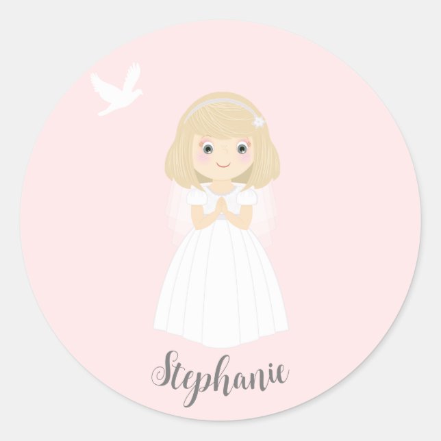 Communion Dove Blonde Girl Runder Aufkleber (Vorderseite)